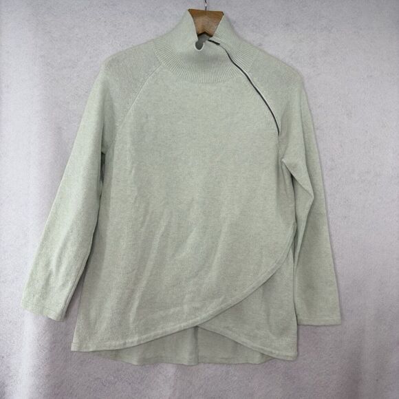 Soft Surroundings Asymmetrical Zip Mock Neck Sweater Med Mint Green Cotton Wool - Picture 1 of 7